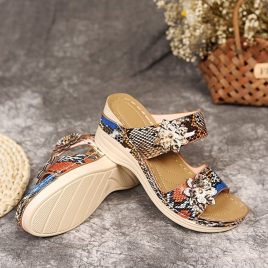 Leopard Snake Printed Flower Patch Wedges For Women