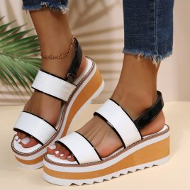 Summer Color Block Round Toe Wedge Heel Sandals