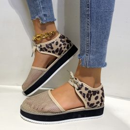 Casual Lace Up Hollow Out Leopard Flat Shoes