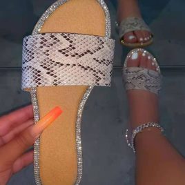 Casual Leopard Snake Printed Rhinestone Slide Flats Sandals