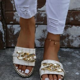 Stone Pattern Chain Patch Slide Flats Sandals For Women