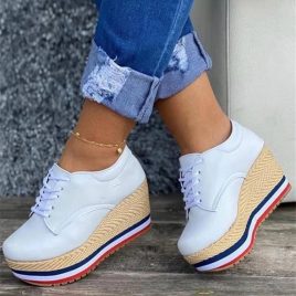 Casual White Lace Up Wedge Shoes