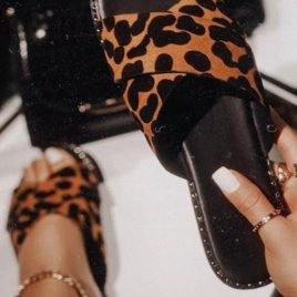 Outdoor Rhinestone Leopard Slide Flats Sandals For Women